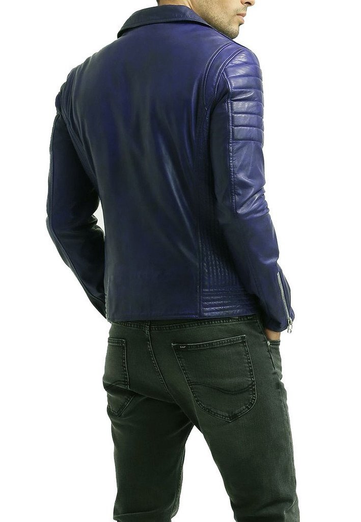 MEN LEATHER BIKER JACKET IN BLUE