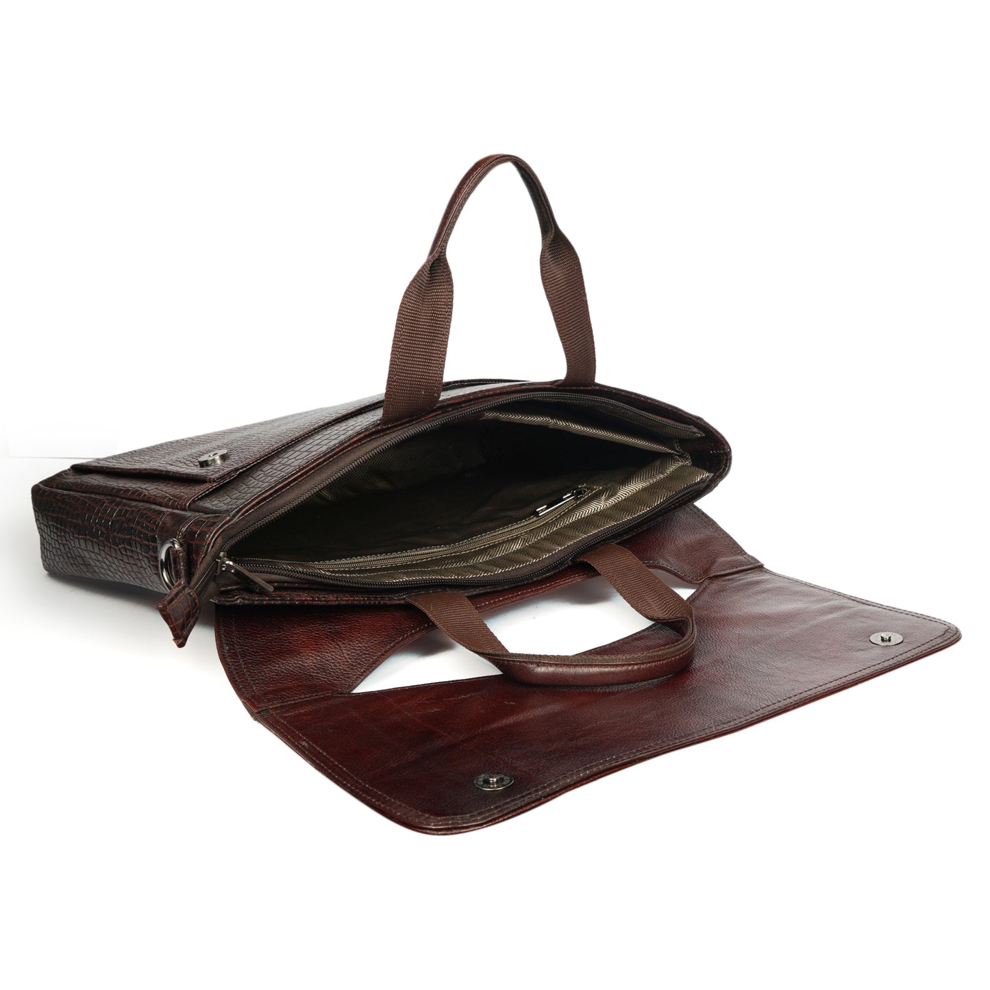 Croc Embossed Leather Laptop Messenger Bag Dark brown