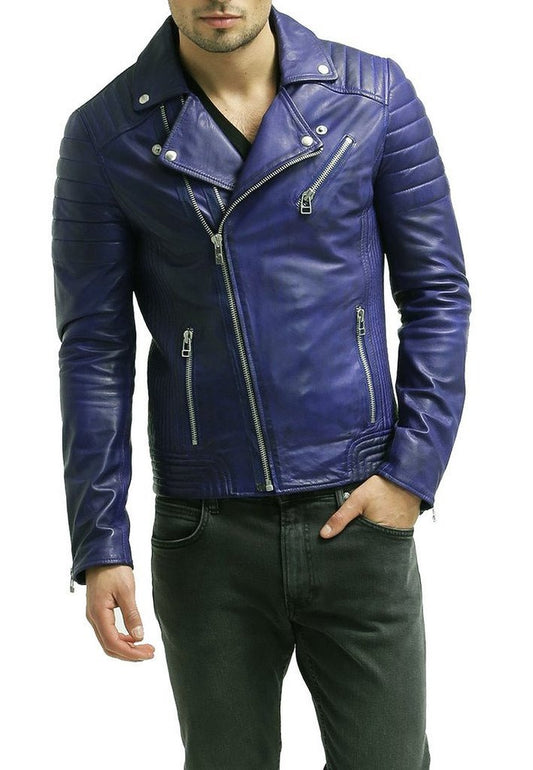 MEN LEATHER BIKER JACKET IN BLUE
