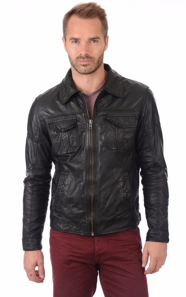 MEN LEATHER JACKET TRUCKER STYLE