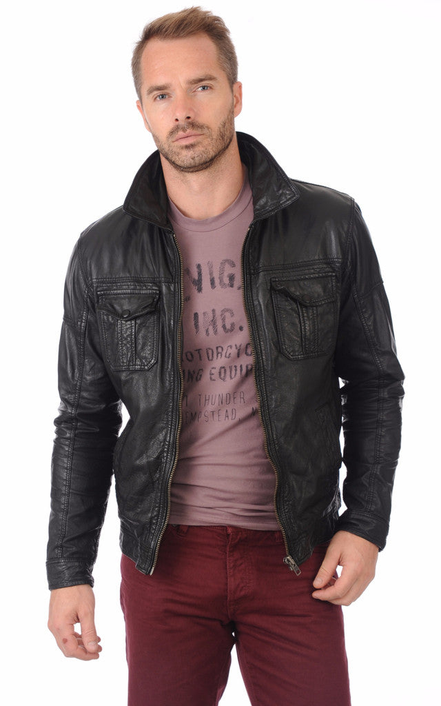 MEN LEATHER JACKET TRUCKER STYLE