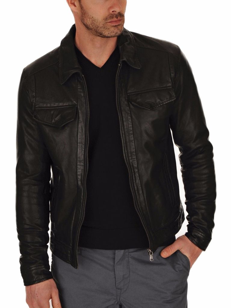 BLOUSON EN CUIR NOIR POUR HOMME