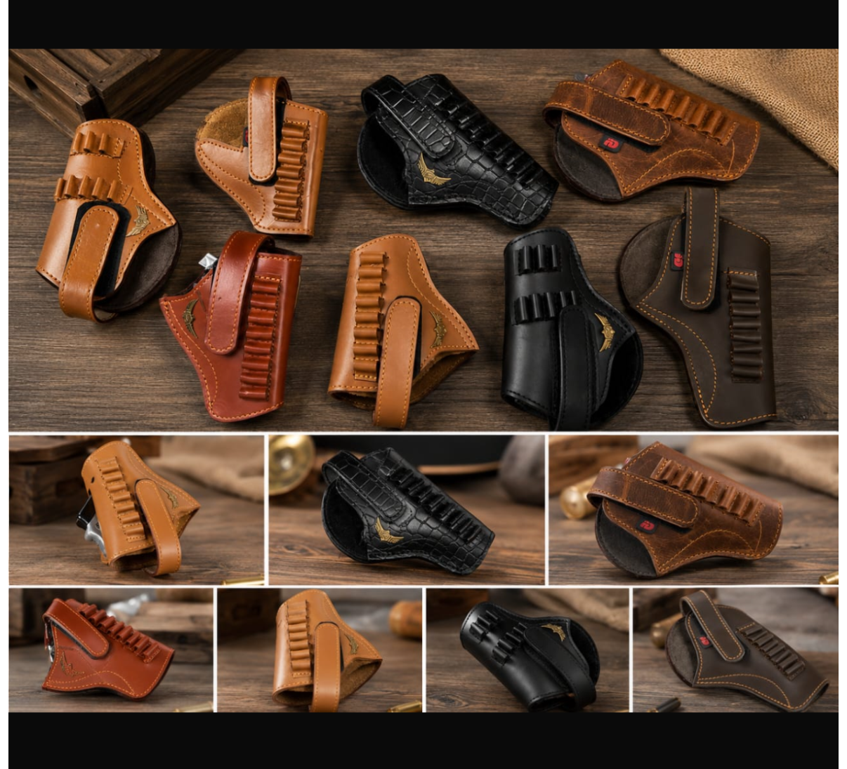 A collage of multiple leather belt holsters in tan, brown, and black, displayed on a dark wooden surface. The photo appears to be a screenshot from a messaging or social media app, with a reply bar and phone status bar visible around the product grid.