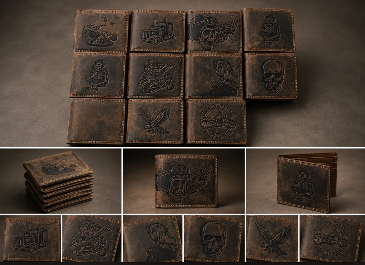 A collage of multiple photos showing a set of dark brown leather-bound book covers or notebooks arranged on a dark surface. The covers have embossed decorative designs on the front.