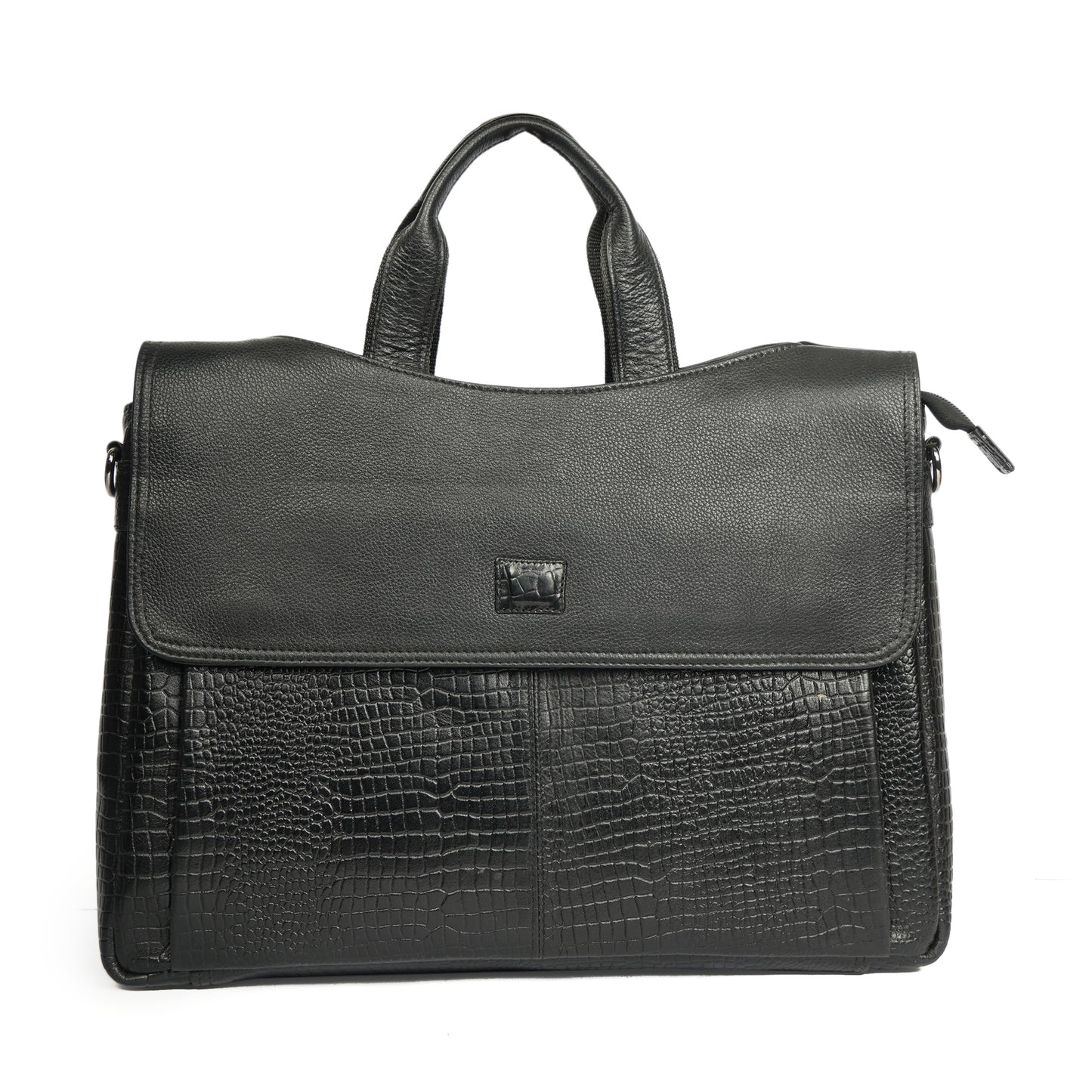 Croc Embossed Leather Laptop Messenger Bag Black
