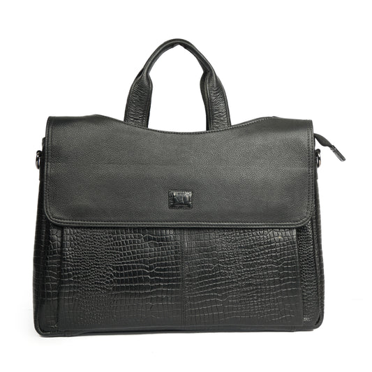 Croc Embossed Leather Laptop Messenger Bag Black