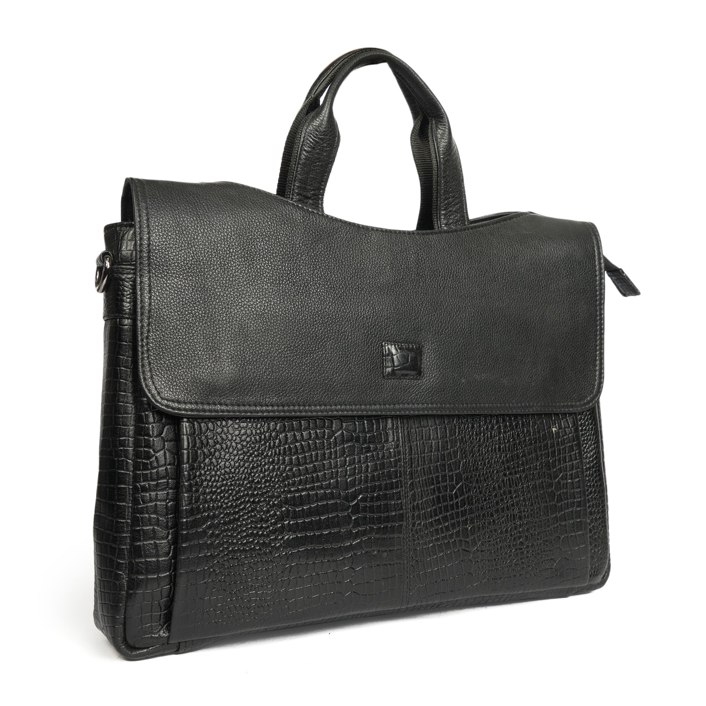 Croc Embossed Leather Laptop Messenger Bag Black