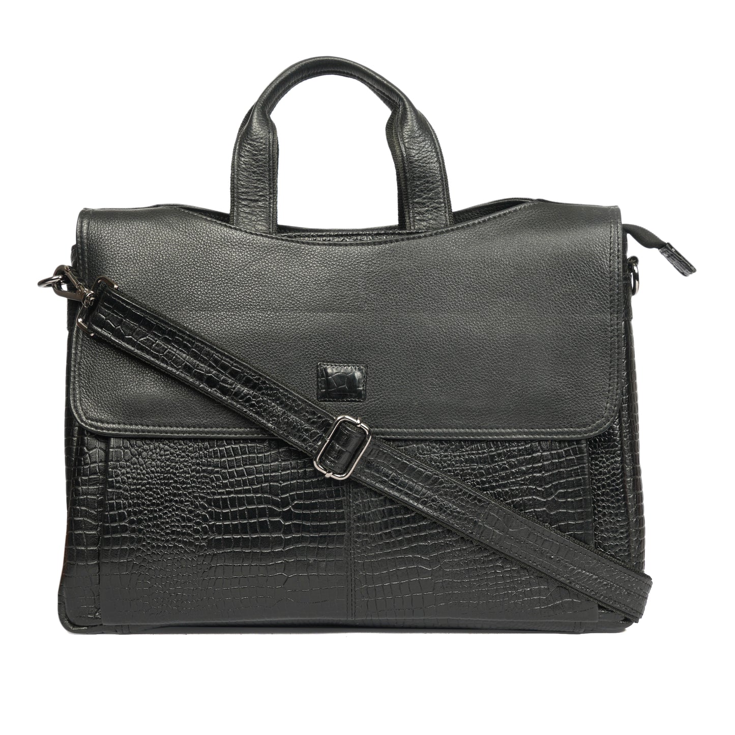 Croc Embossed Leather Laptop Messenger Bag Black