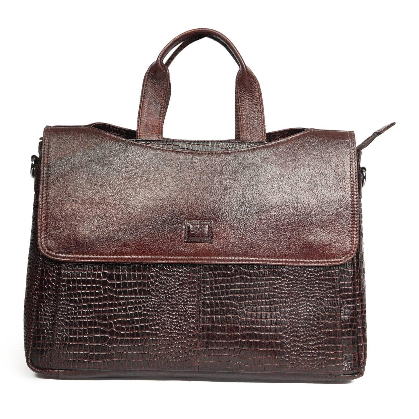 Croc Embossed Leather Laptop Messenger Bag Dark brown