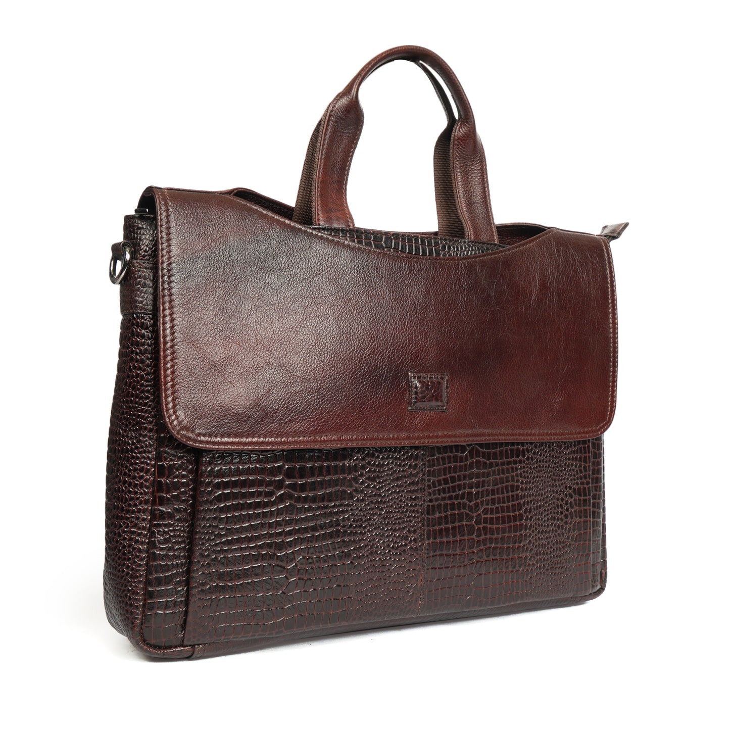 Croc Embossed Leather Laptop Messenger Bag Dark brown