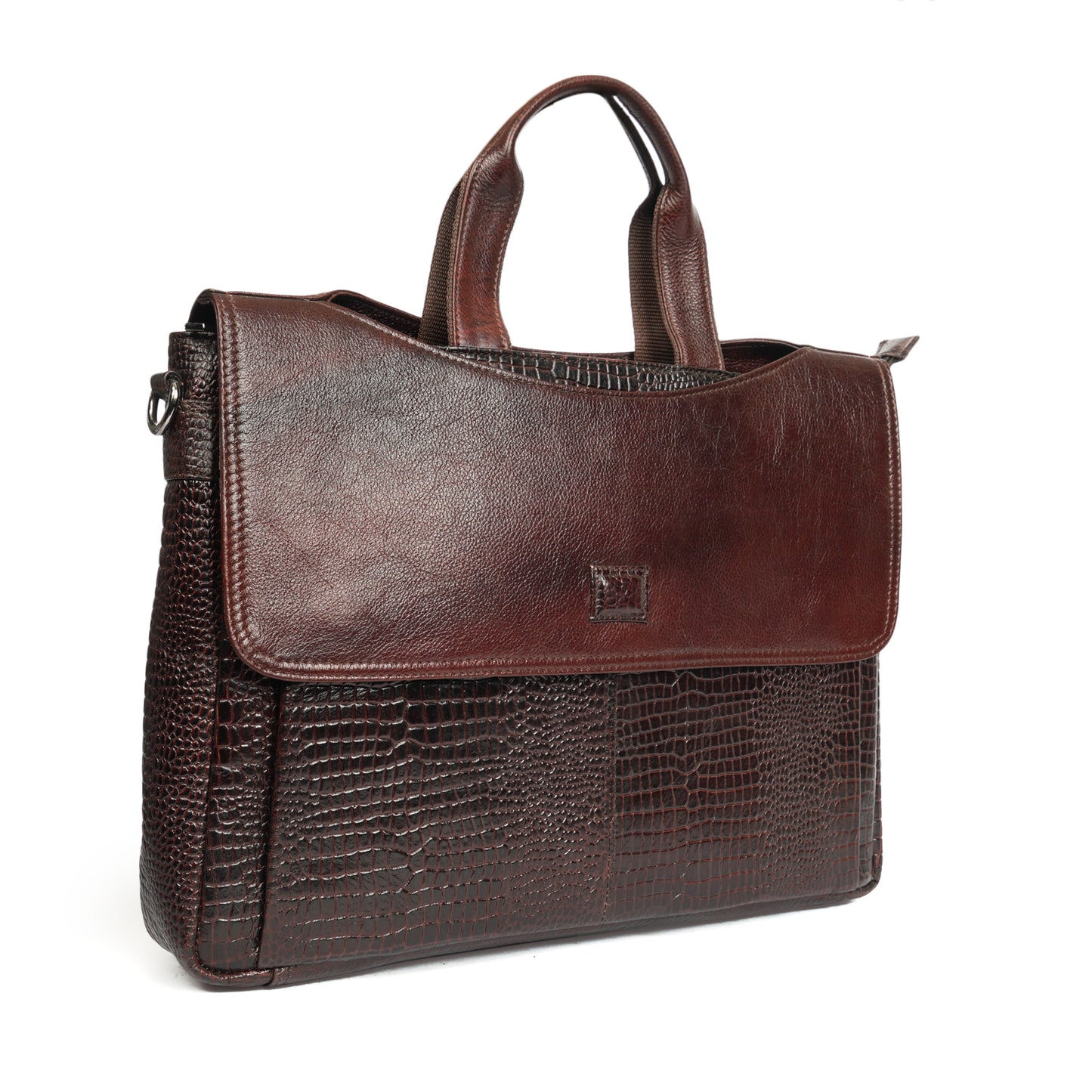 Croc Embossed Leather Laptop Messenger Bag Dark brown