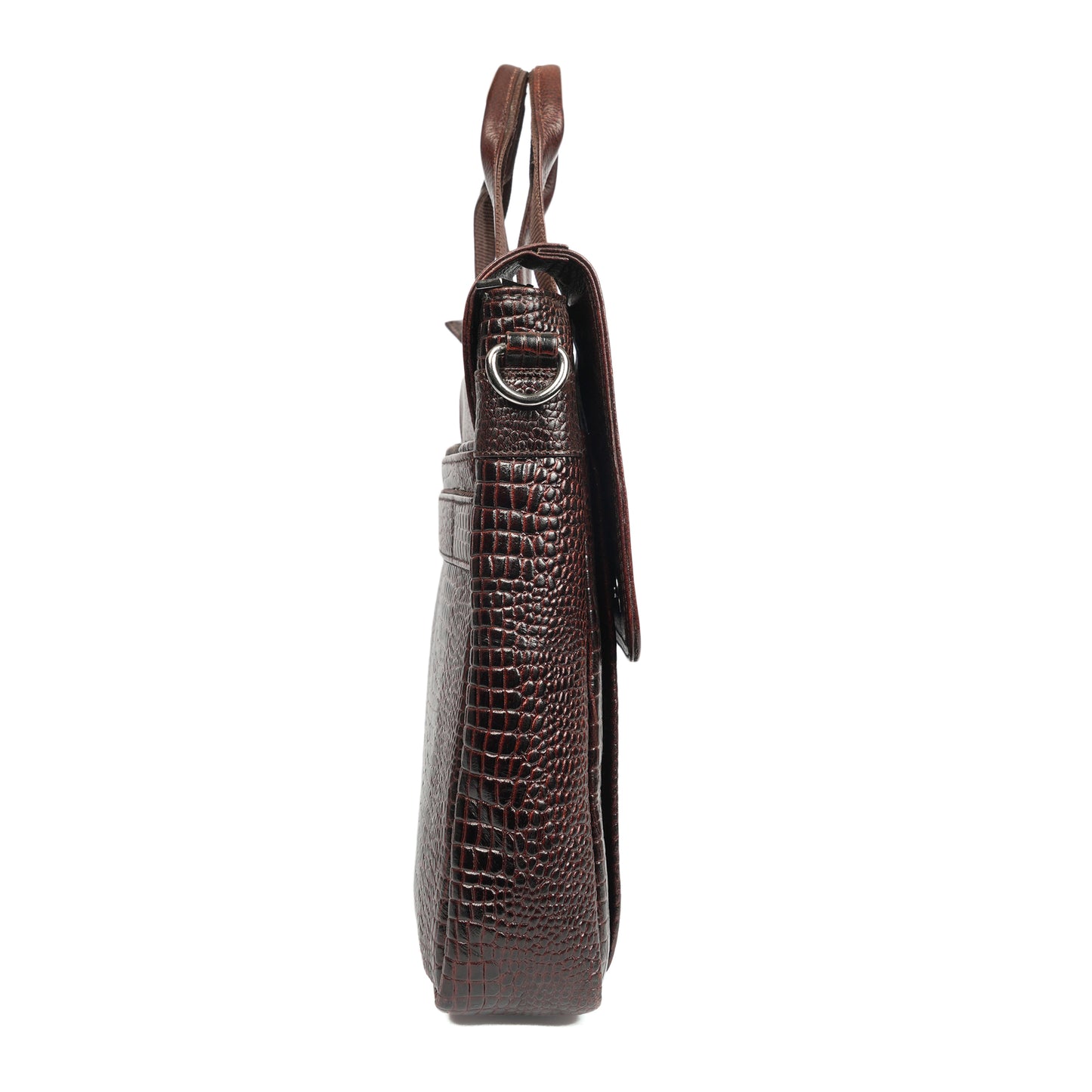 Croc Embossed Leather Laptop Messenger Bag Dark brown