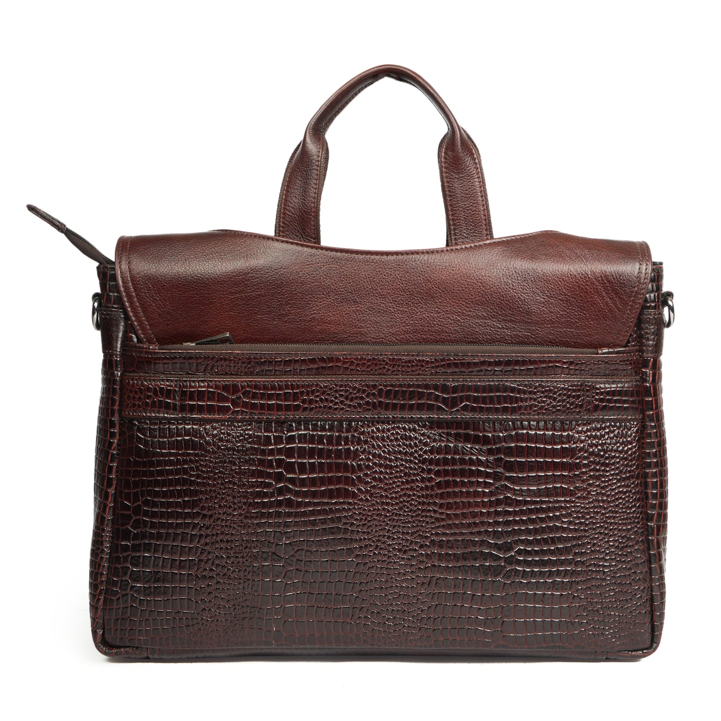 Croc Embossed Leather Laptop Messenger Bag Dark brown