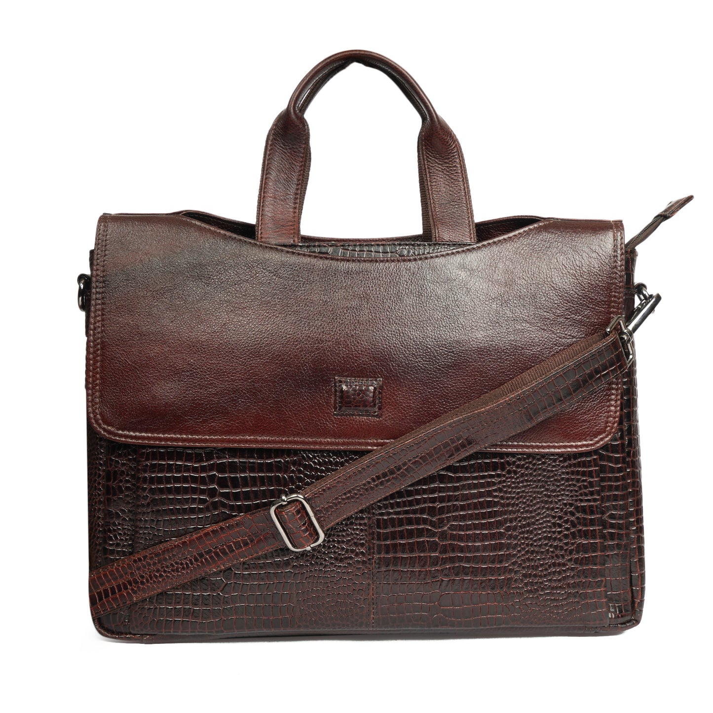 Croc Embossed Leather Laptop Messenger Bag Dark brown