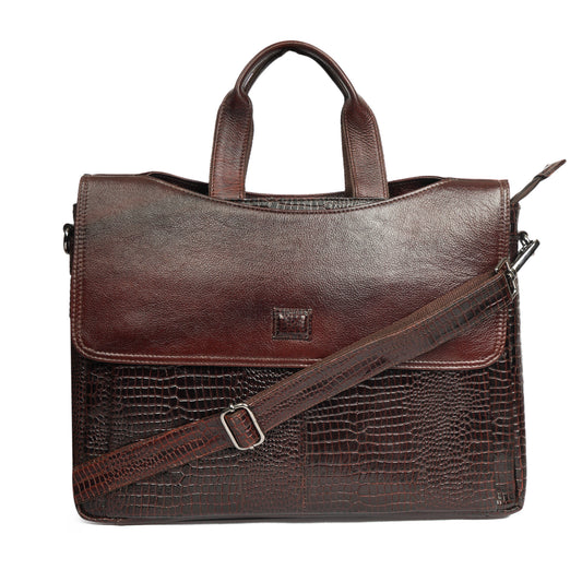 Croc Embossed Leather Laptop Messenger Bag Dark brown