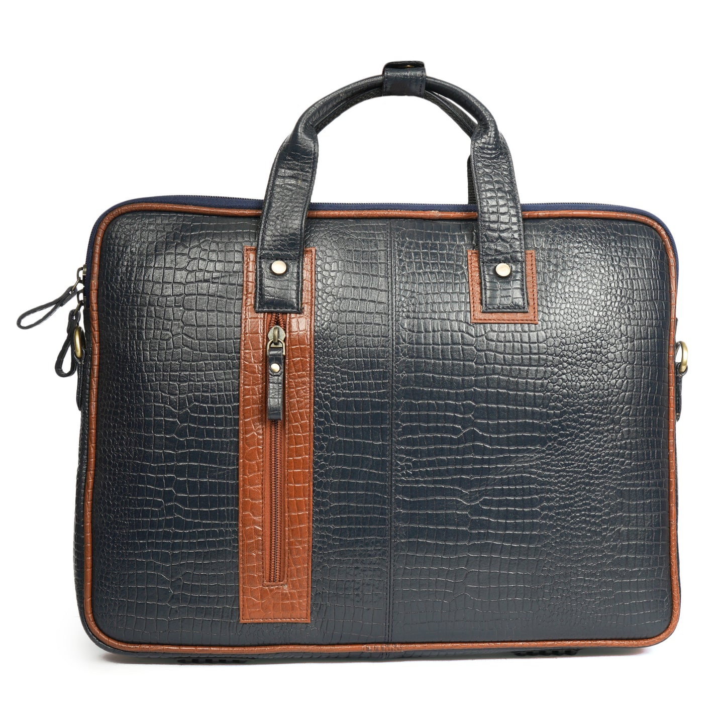 Croc Embossed Leather Laptop Messenger Bag in Blue and tan contrast