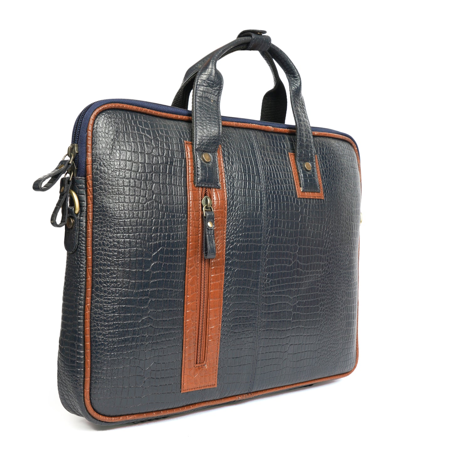 Croc Embossed Leather Laptop Messenger Bag in Blue and tan contrast