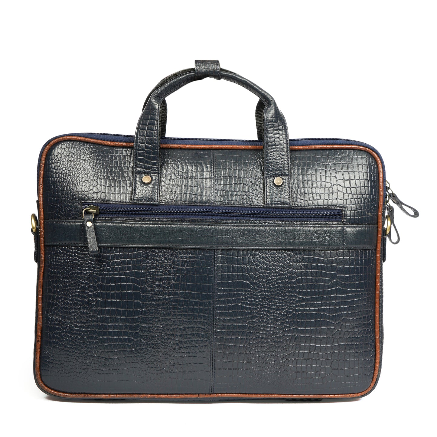 Croc Embossed Leather Laptop Messenger Bag in Blue and tan contrast