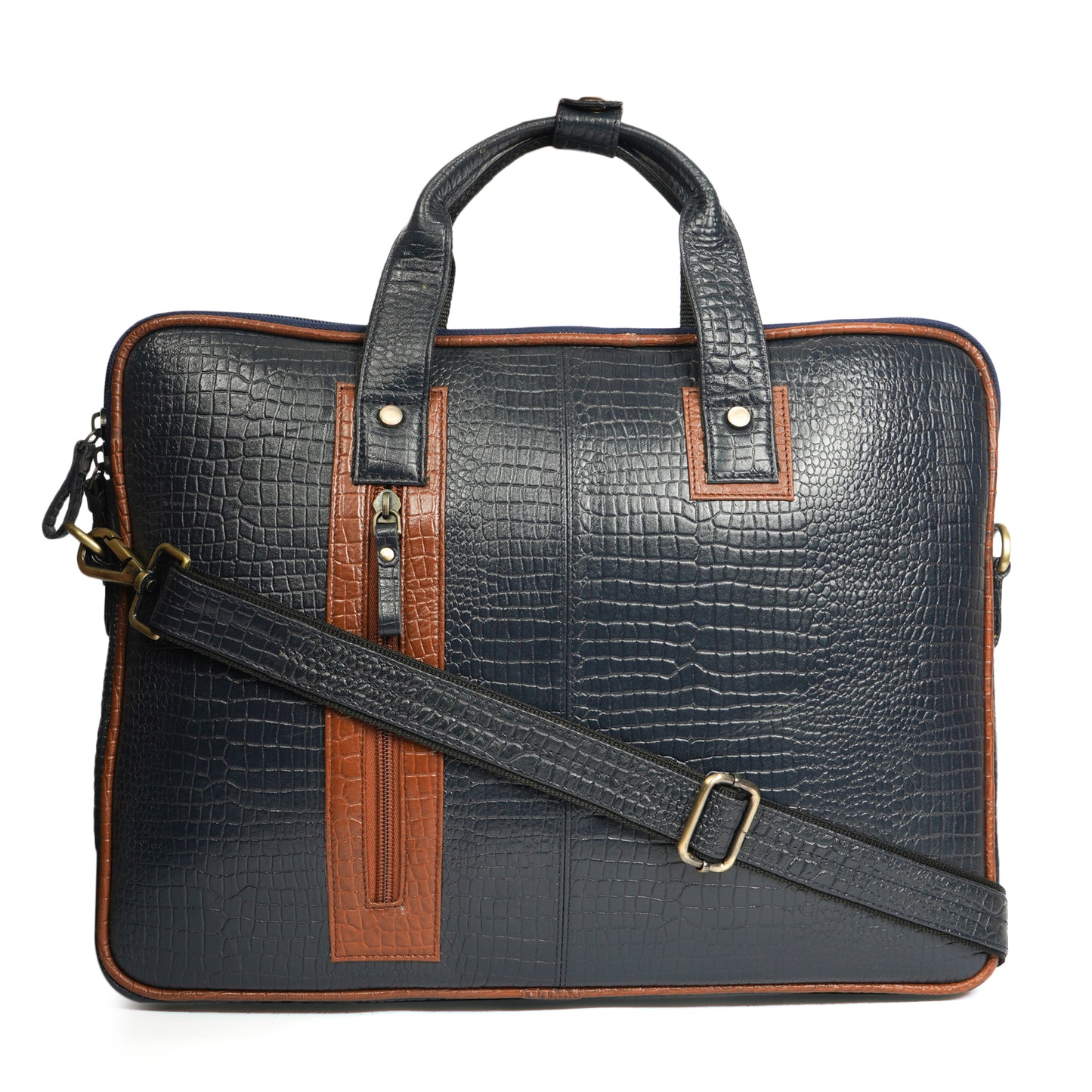 Croc Embossed Leather Laptop Messenger Bag in Blue and tan contrast