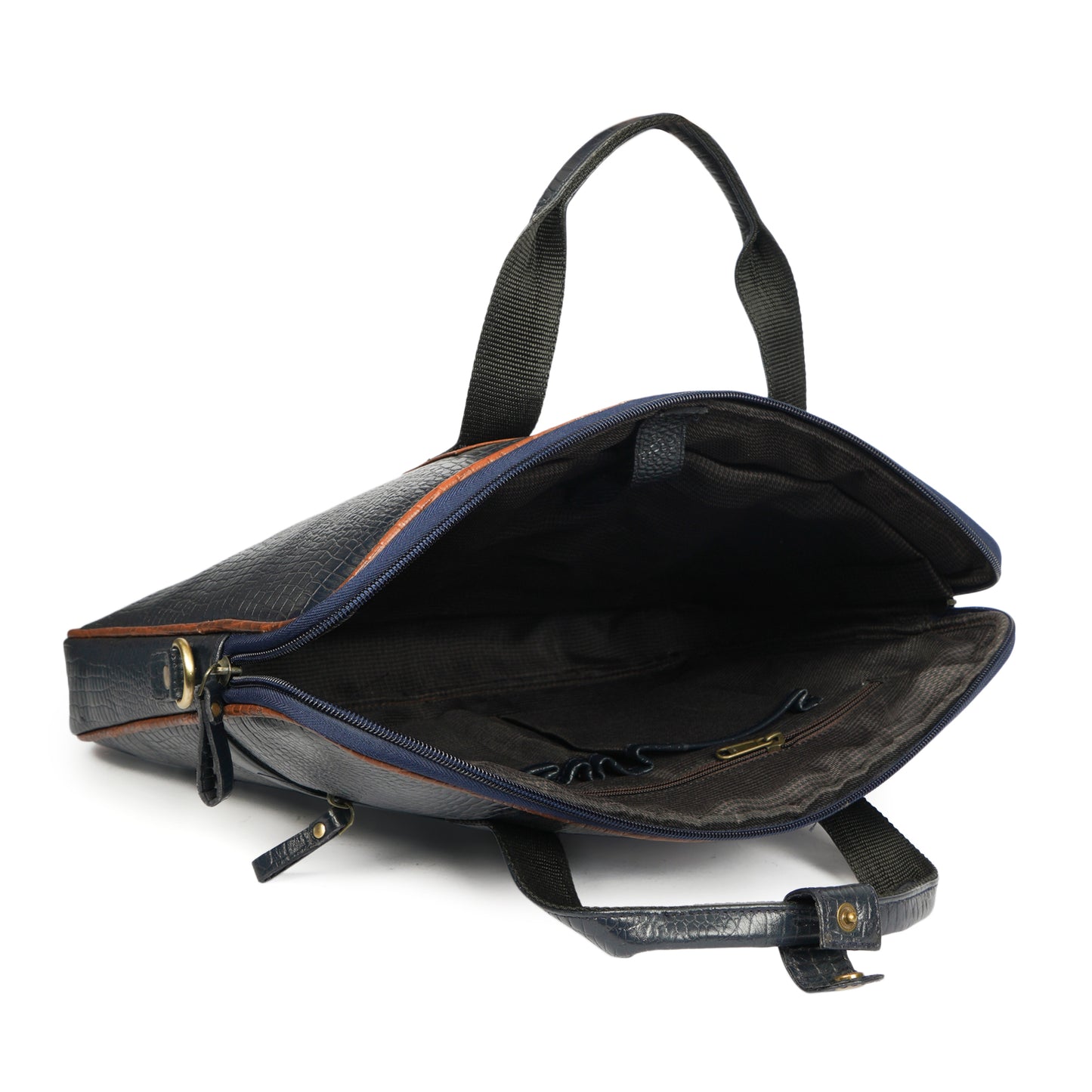 Croc Embossed Leather Laptop Messenger Bag in Blue and tan contrast