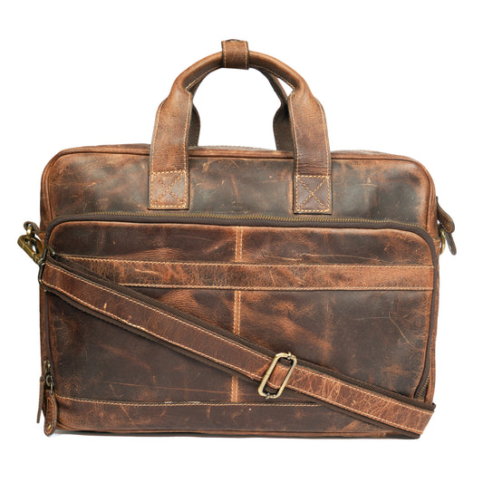 Hunter Brown Leather Laptop Bag – Oil Pull-Up Leather with Dedicated Outer Pocket