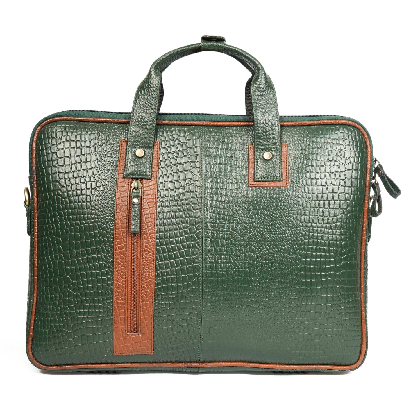 Croc Embossed Leather Laptop Messenger Bag IN green and tan contrast.