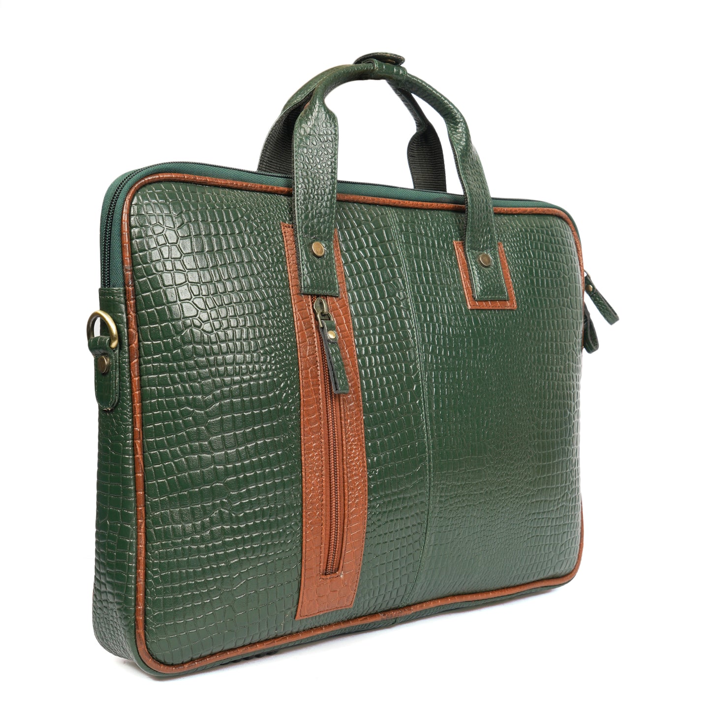 Croc Embossed Leather Laptop Messenger Bag IN green and tan contrast.