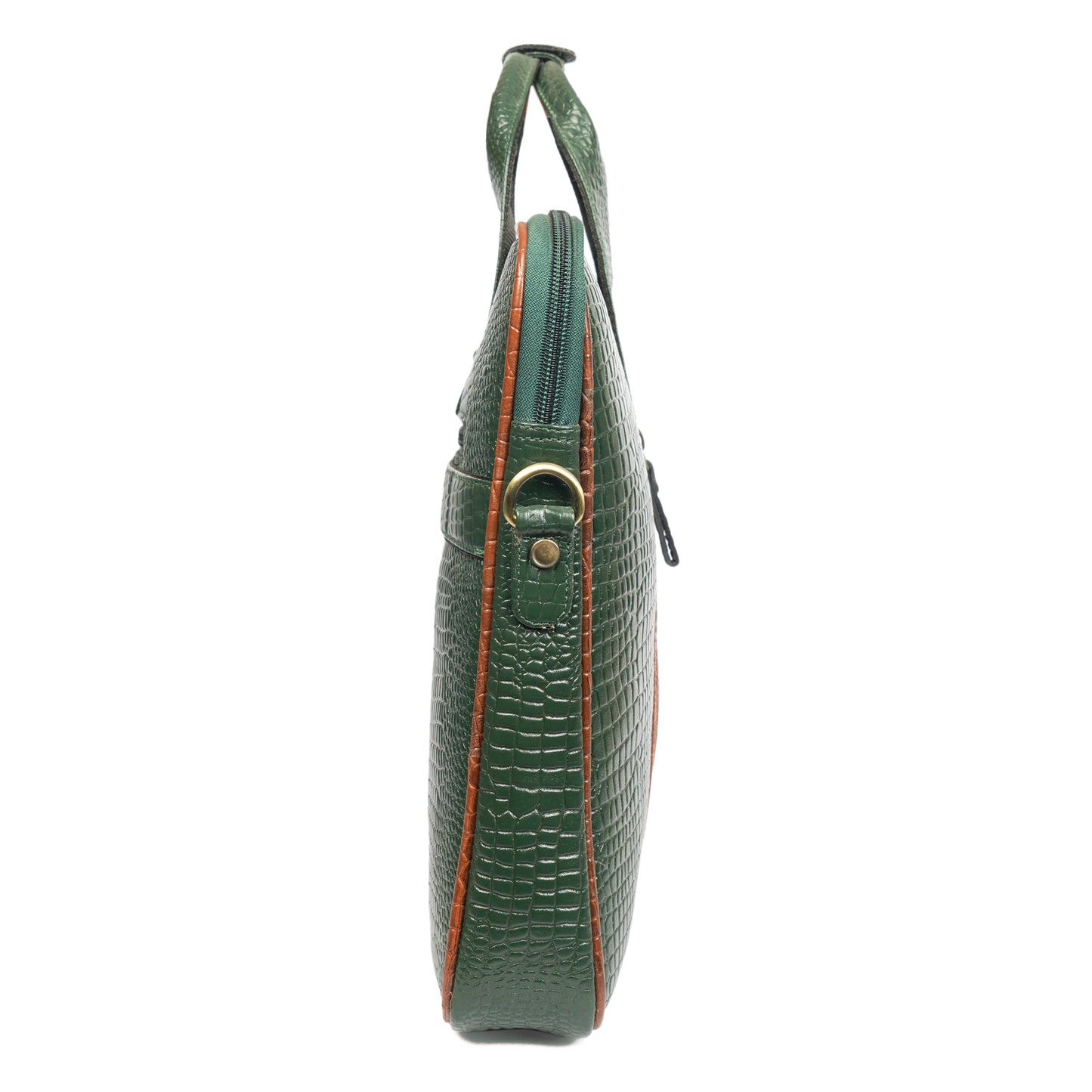 Croc Embossed Leather Laptop Messenger Bag IN green and tan contrast.