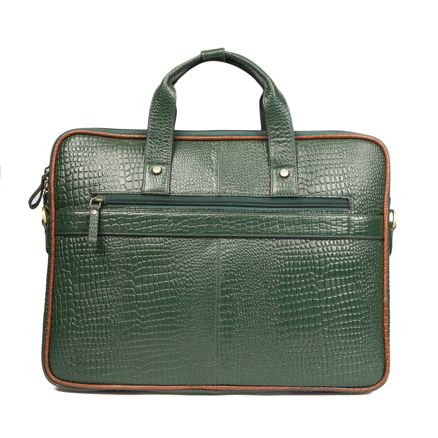 Croc Embossed Leather Laptop Messenger Bag IN green and tan contrast.