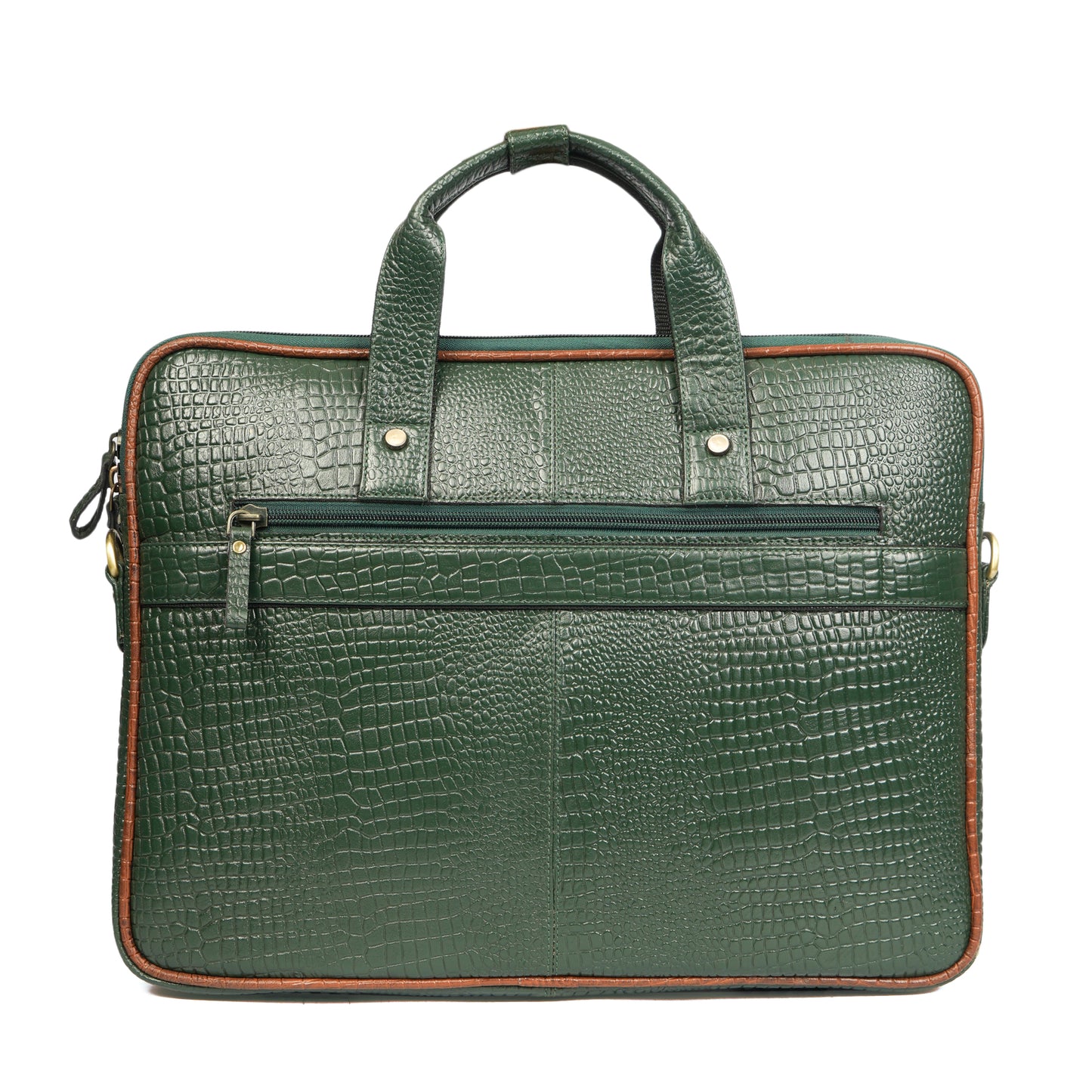 Croc Embossed Leather Laptop Messenger Bag IN green and tan contrast.