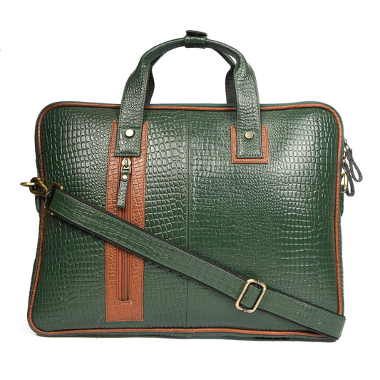 Croc Embossed Leather Laptop Messenger Bag IN green and tan contrast.